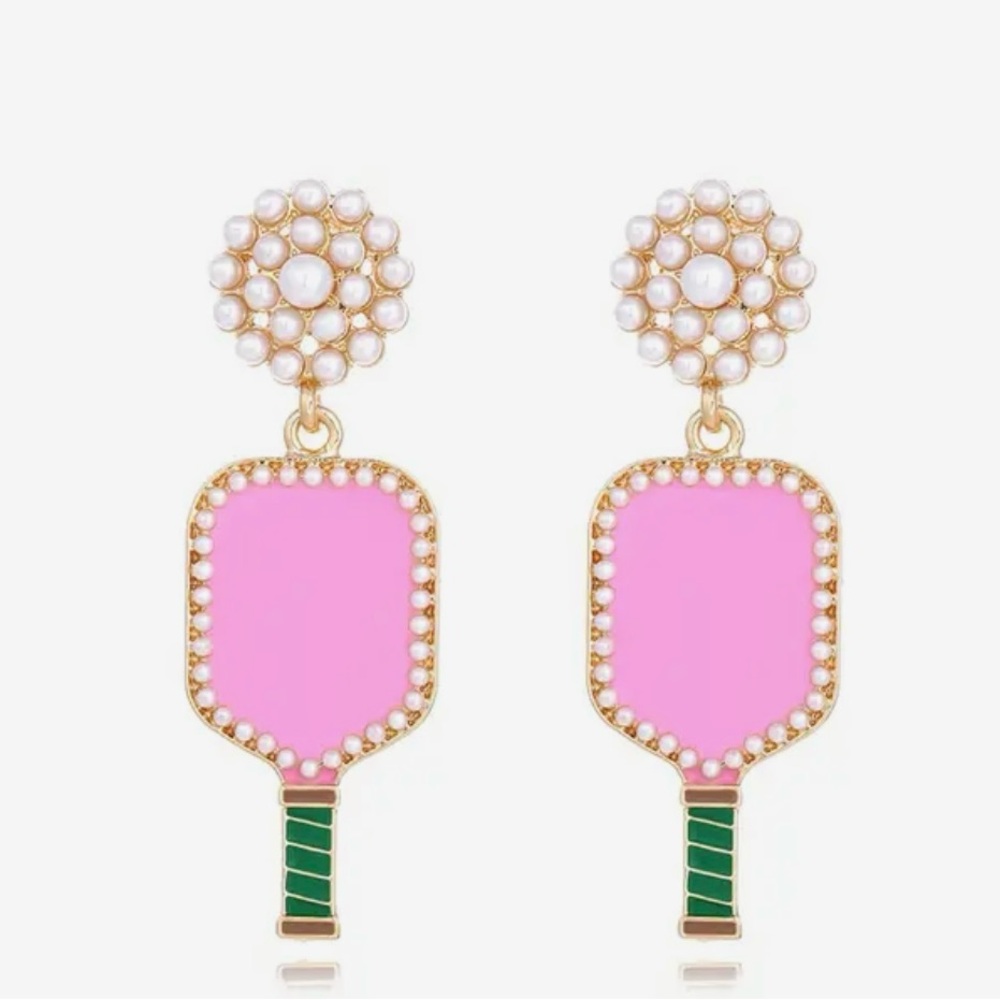 Pickleball pearl dangle pink earrings with green handles